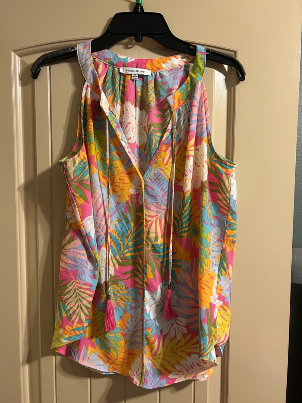 Rose & Olive Tropical Tie-Front Sleeveless Camisole - Pink, Yellow, Blue